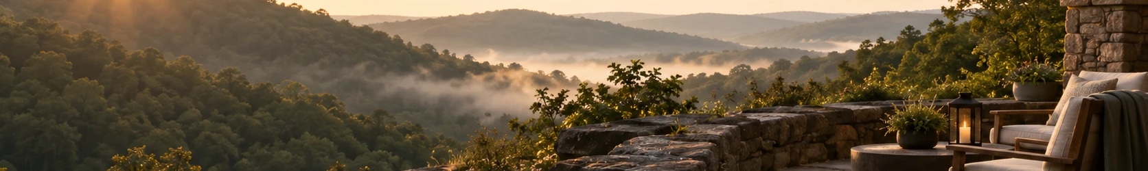 Sunrise over the misty, forested Hocking Hills