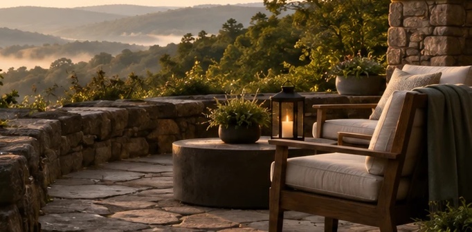 Stone terrace with lounge chairs and a lantern overlooking misty, forested hills at sunrise