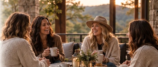 Four women laughing over coffee on a covered porch with a wooded valley behind them